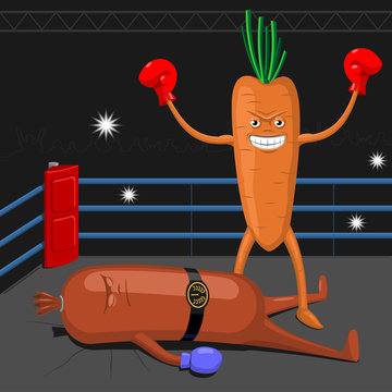 Carrot winning sausage. Carrot in the boxing ring winning sausage in a fair fight. 