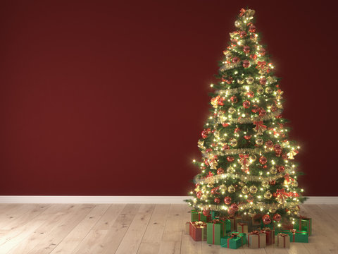 Christmas Tree On Red Background. 3d Rendering