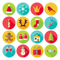 Fototapeta na wymiar New Year and Merry Christmas Circle Icons Set with long Shadow