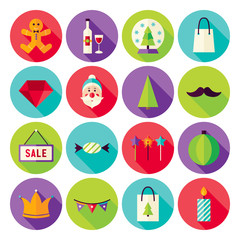 Happy New Year Merry Christmas Circle Icons Set with long Shadow