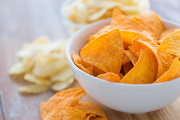 close up of corn crisps or nachos in bowl