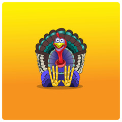 The multi-colored turkey-cock sits and waits for Thanksgiving Day.