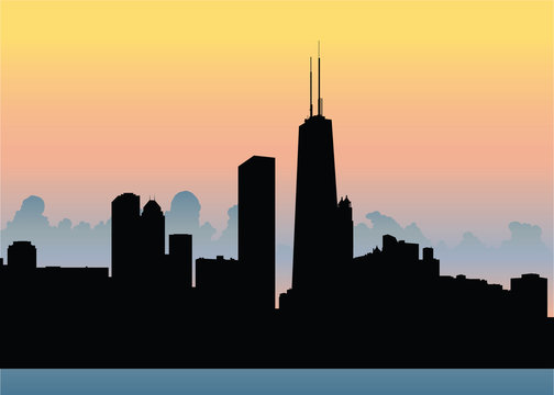 Skyline silhouette of the waterfront of the city of Chicago, Illinois, USA.