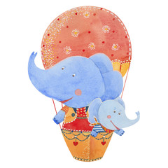 two elephants fly in a balloon, watercolor illustration