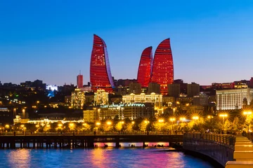 Papier Peint photo autocollant construction de la ville Night view of the Flame Towers. Flame Towers are new skyscrapers in Baku