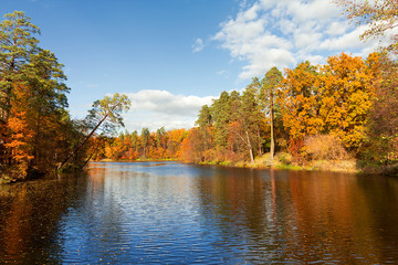 Colorful autumn trees fortress at the river front