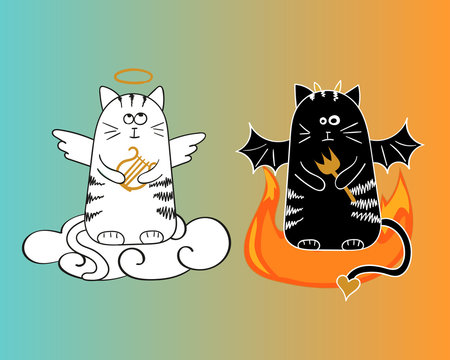 Cartoon angel and devil cats. Funny vector illustration.