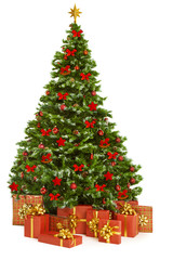 Fototapeta na wymiar Christmas Tree Presents Gifts, Xmas Tree Decorated Toys