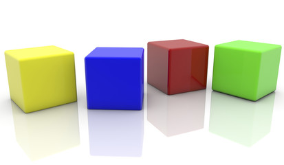 Four cubes in various colors