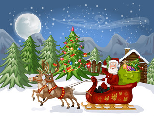 Merry Christmas Card .Illustration of a funny cartoon Santa Claus 