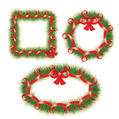 Cute set of realistic Vector Christmas Wreath with red ribbon. Fir tree branches in the shape of Square, round and ellipse.