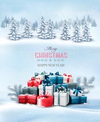 Holiday Christmas background with gift boxes and landscape. Vect