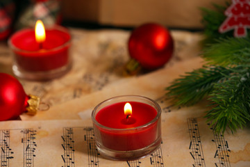 Music notes with Christmas decoration close up