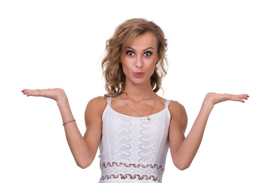 Closeup Portrait Of Surprised Young Lady Isolated On White With Copyspace