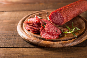 salami sausages on a wooden table