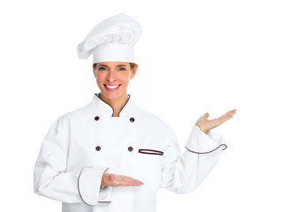 Chef woman presenting copy space.