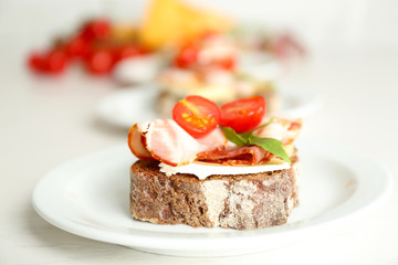 Tasty sandwiches on plates, close up