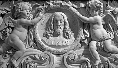 Fototapeta na wymiar Antwerp - Relief of Jesus head and angels in St. Pauls church