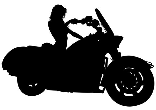 Silhouettes of motorcycl and baeuty women on white background