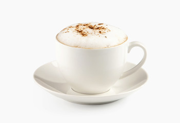 A cup of espresso coffee with foam isolated over white