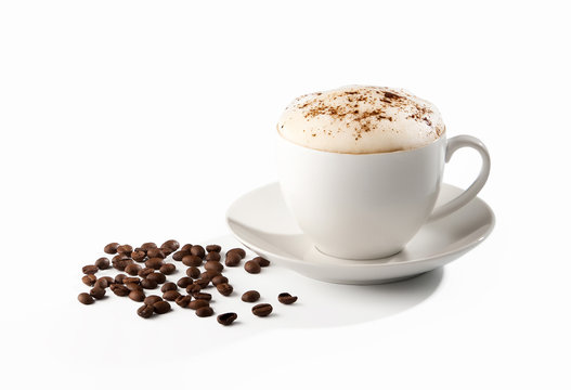 Coffee cup and beans isolated on white background.