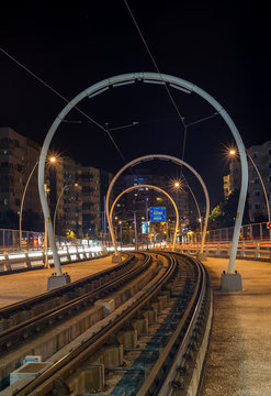 Tram rail in Bucharest during night time
