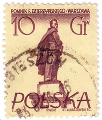 POLAND - CIRCA 1955: Postage stamp printed in Poland, shows a monument to Soviet statesman, Polish and Russian revolutionary Felix Dzerzhinsky, Warsaw, circa 1955 - obrazy, fototapety, plakaty