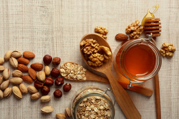 Healthy breakfast with bread, honey, nuts. Country breakfast concept