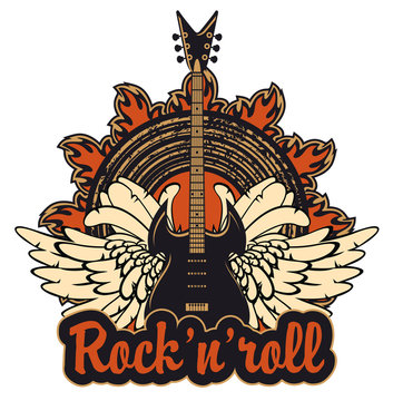 poster for a rock and roll concert with electric guitar