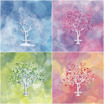 Set of four landscapes with abstract trees. Four seasons: winter, spring, summer, autumn. Vector, EPS 10