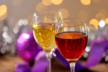 Wine and Christmas decoration on bright background