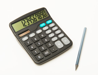 Calculator on a white background with black pencil and numbers on display
