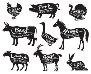 monochrome illustration of nine farm animals