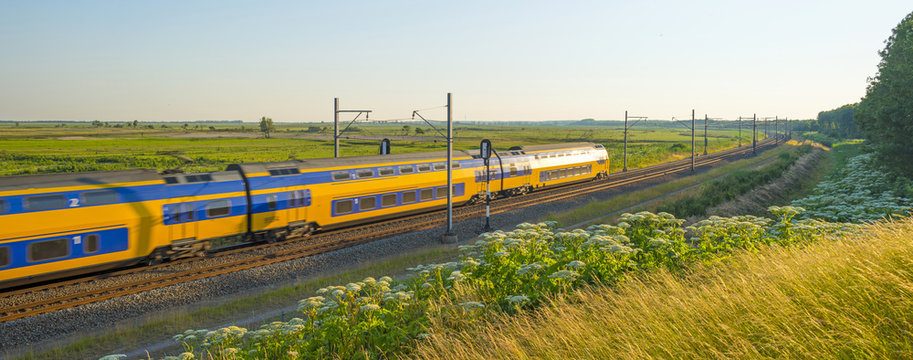 Fototapeta Electric train riding through nature in summer