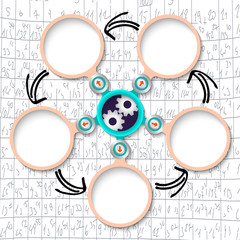 Five abstract circular text boxes and cogwheels