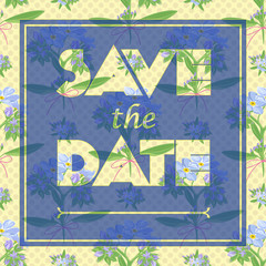 Floral greeting card with the text Save the date. Seamless pattern with flower bouquet ornament