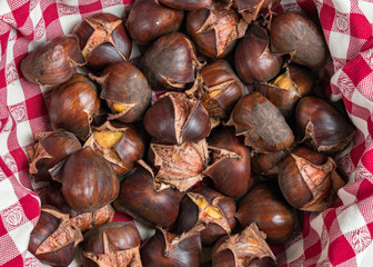 cooked chestnuts in a red cloth 