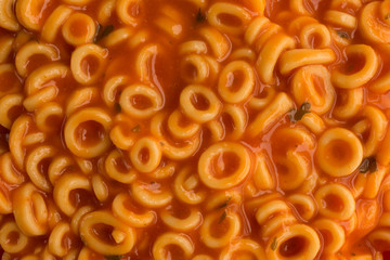 Close view of round spaghetti in a tomato sauce