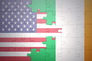 puzzle with the national flag of united states of america and ireland