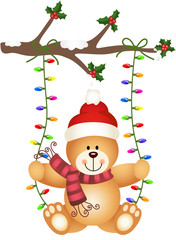 Teddy bear swinging on Christmas lights
