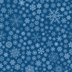 Seamless pattern of snowflakes, light blue on blue