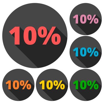 Discount ten (10) percent circular icons set with long shadow
