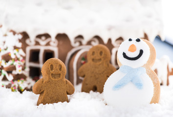 Funny gingerbread kids play on snow