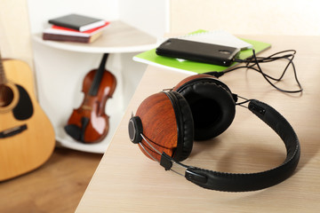 Headphones and music equipment in the room