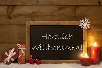 Fototapeta na wymiar Festive Christmas Card, Blackboard, Snow,Willkommen Mean Welcome