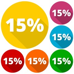 Discount fifteen (15) percent circular icons set with long shadow