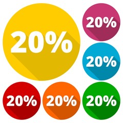 Discount twenty (20) percent circular icons set with long shadow