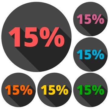 Discount fifteen (15) percent circular icons set with long shadow