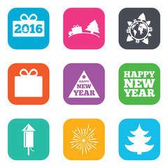 Christmas, new year icons. Gift box, fireworks.