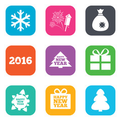 Christmas, new year icons. Gift box, fireworks.